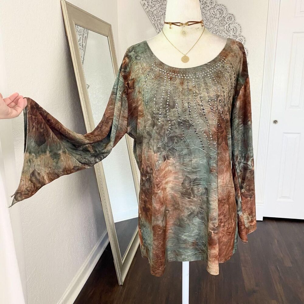 Frazzle Y2K Fairy Grunge Flare Sleeve Studded Floral Tie Dye Top L Large